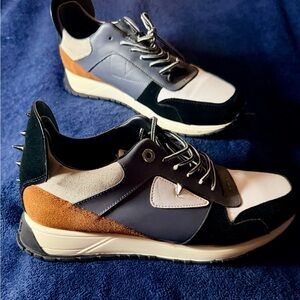 Fendi Men’s Leather & Suede Sneakers w/ Stud Detail — Navy, Black, White & Brown